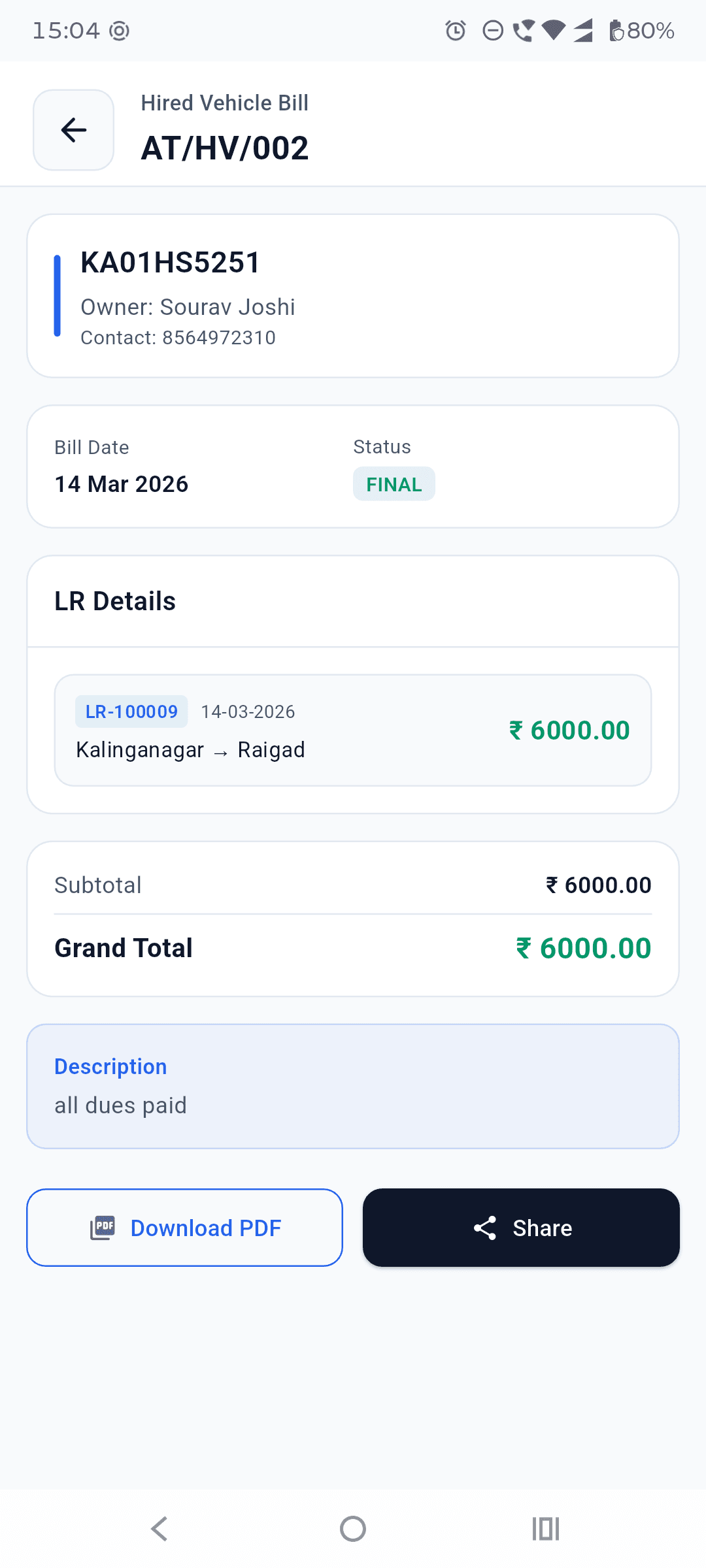 Hired Vehicle Invoice Details